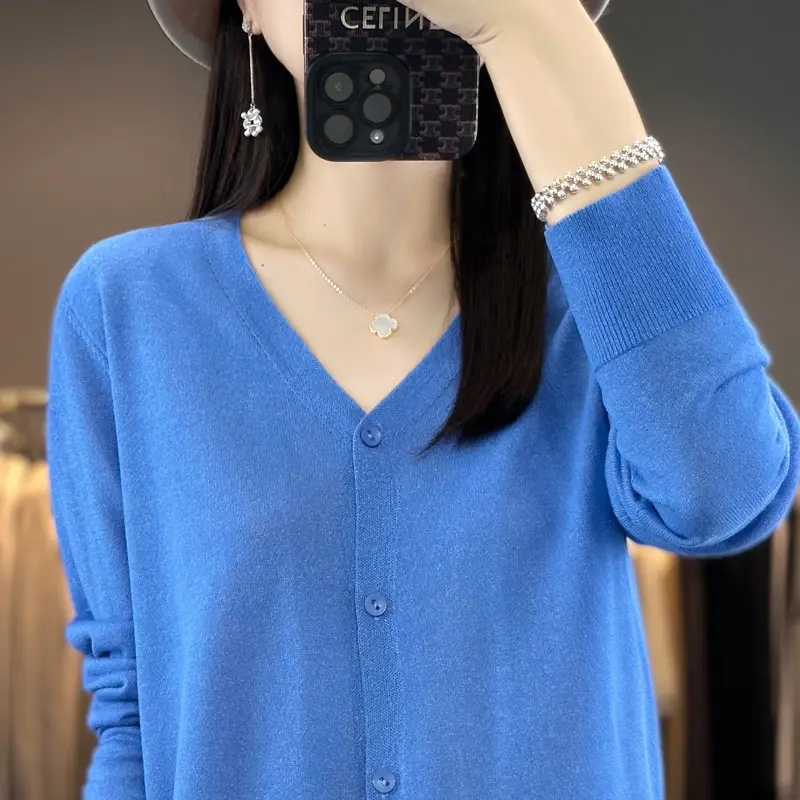 Women V-neck Knitted Linen Cardigan Blue 2023 - Image 4