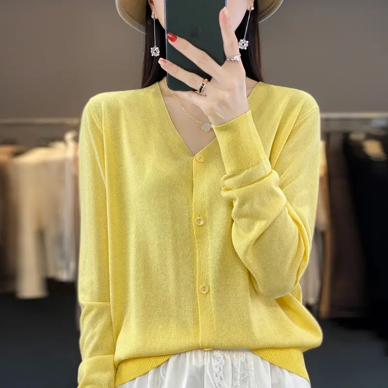 Women V-neck Knitted Linen Cardigan Blue 2023 - Image 5
