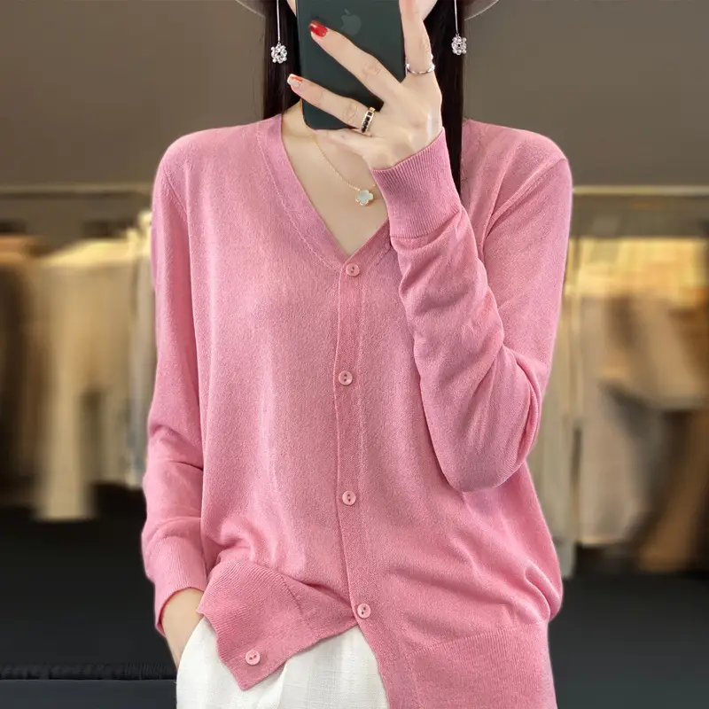 Women V-neck Knitted Linen Cardigan Blue 2023 - Image 6
