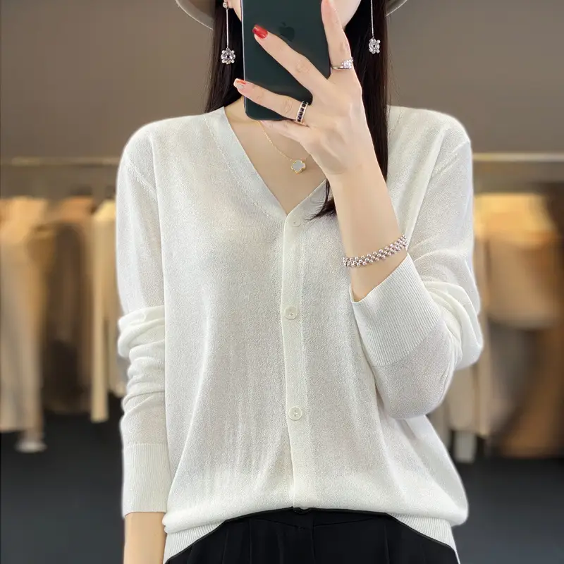 Women V-neck Knitted Linen Cardigan Blue 2023 - Image 7