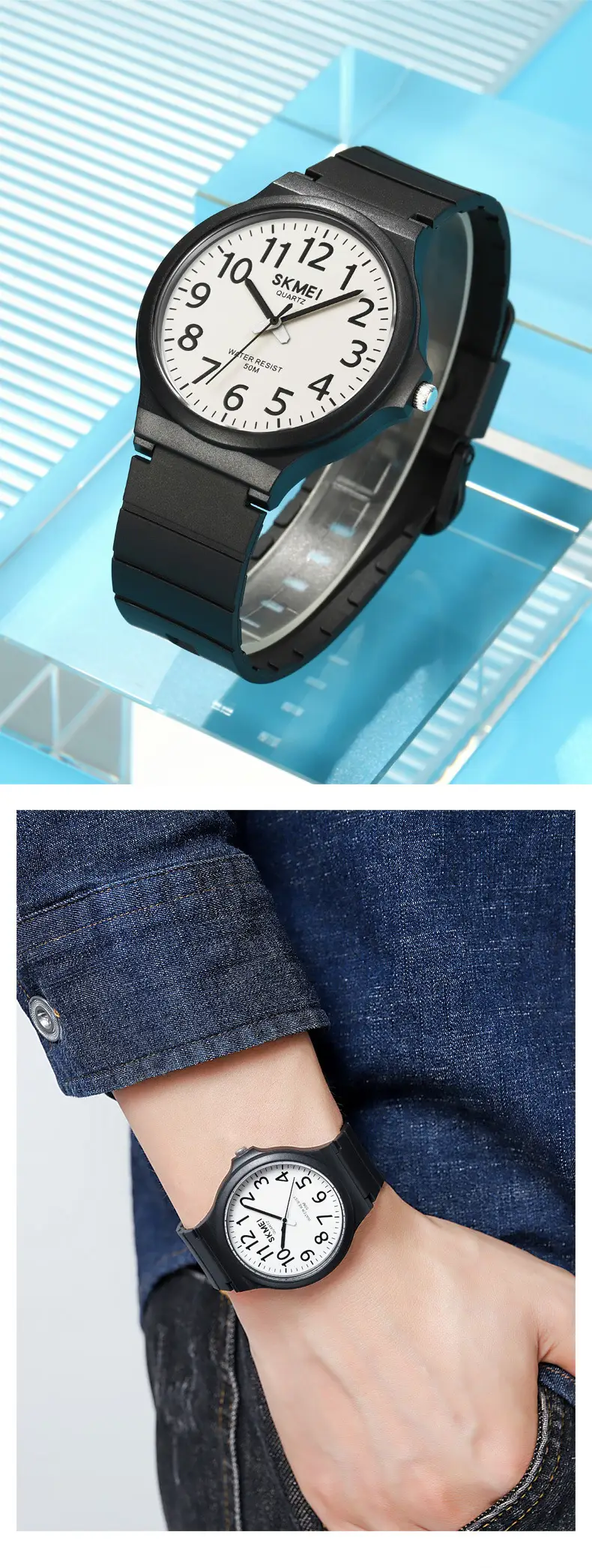 Skmei Black White Water Resistant Quartz Watch for Men Women — feature 20