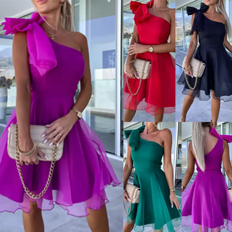 2025 Red One-shoulder Sleeveless Mesh Dress with Large Swing Skirt - Image 17
