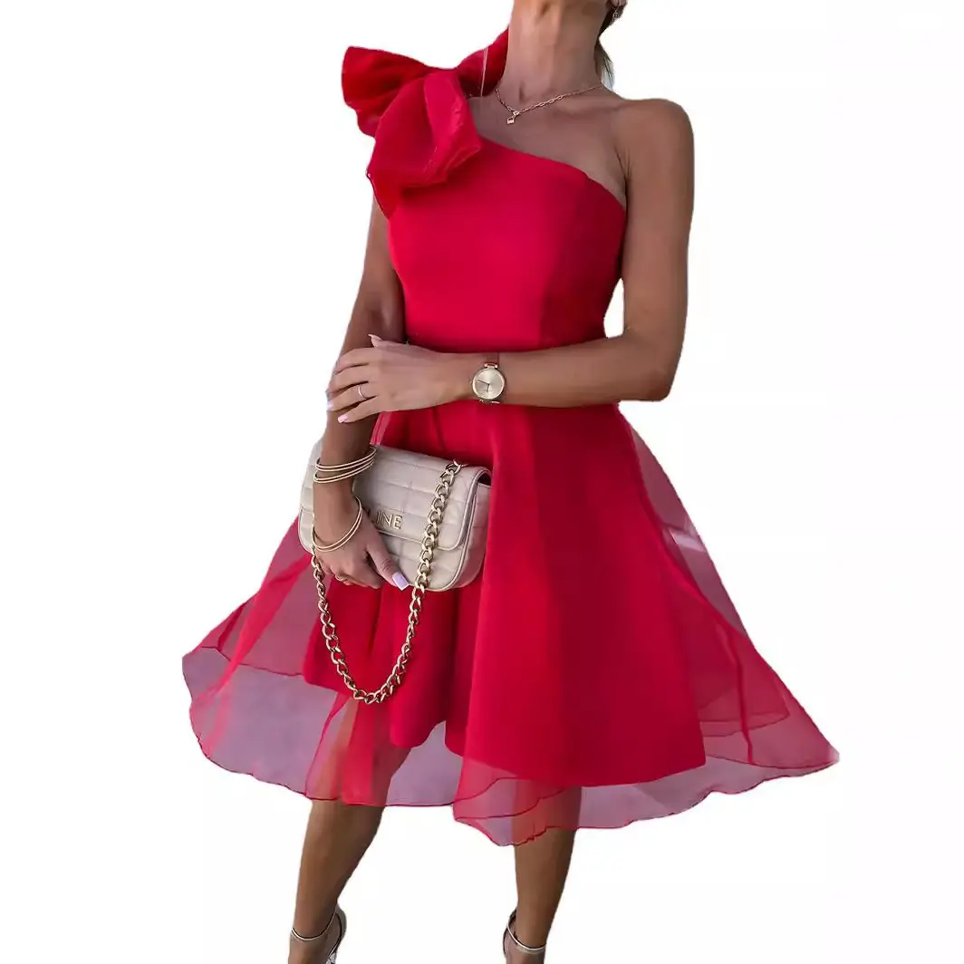 2025 Red One-shoulder Sleeveless Mesh Dress with Large Swing Skirt - Image 21