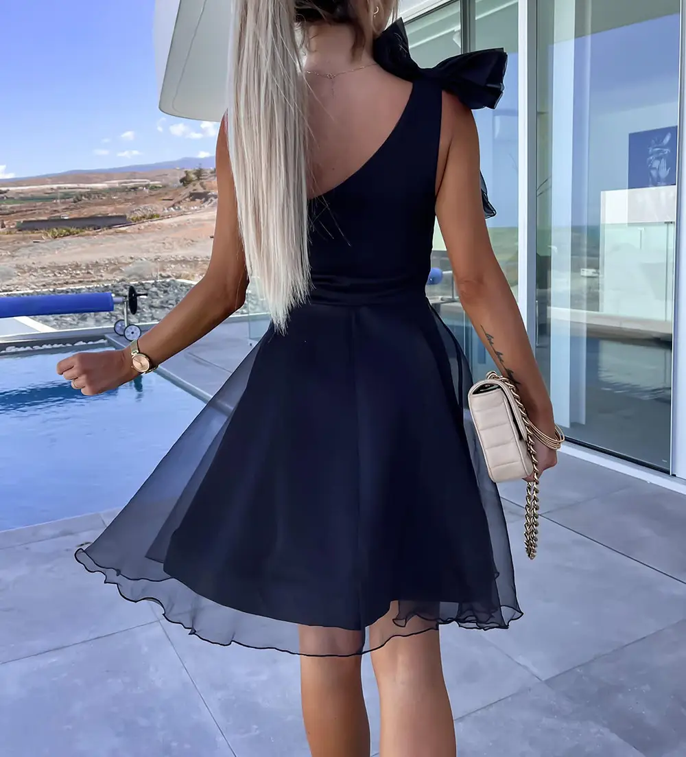 2025 Red One-shoulder Sleeveless Mesh Dress with Large Swing Skirt — feature 20