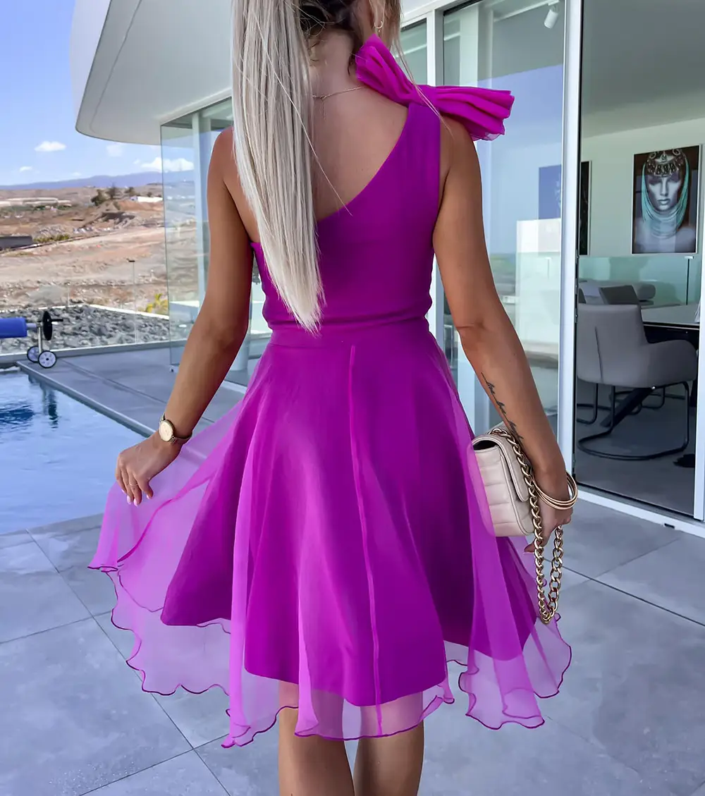 2025 Red One-shoulder Sleeveless Mesh Dress with Large Swing Skirt — feature 22