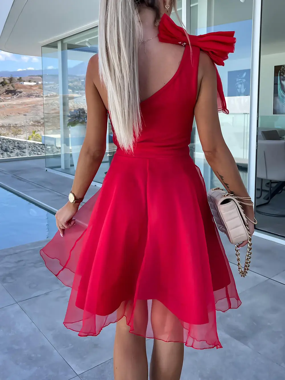 2025 Red One-shoulder Sleeveless Mesh Dress with Large Swing Skirt — feature 24