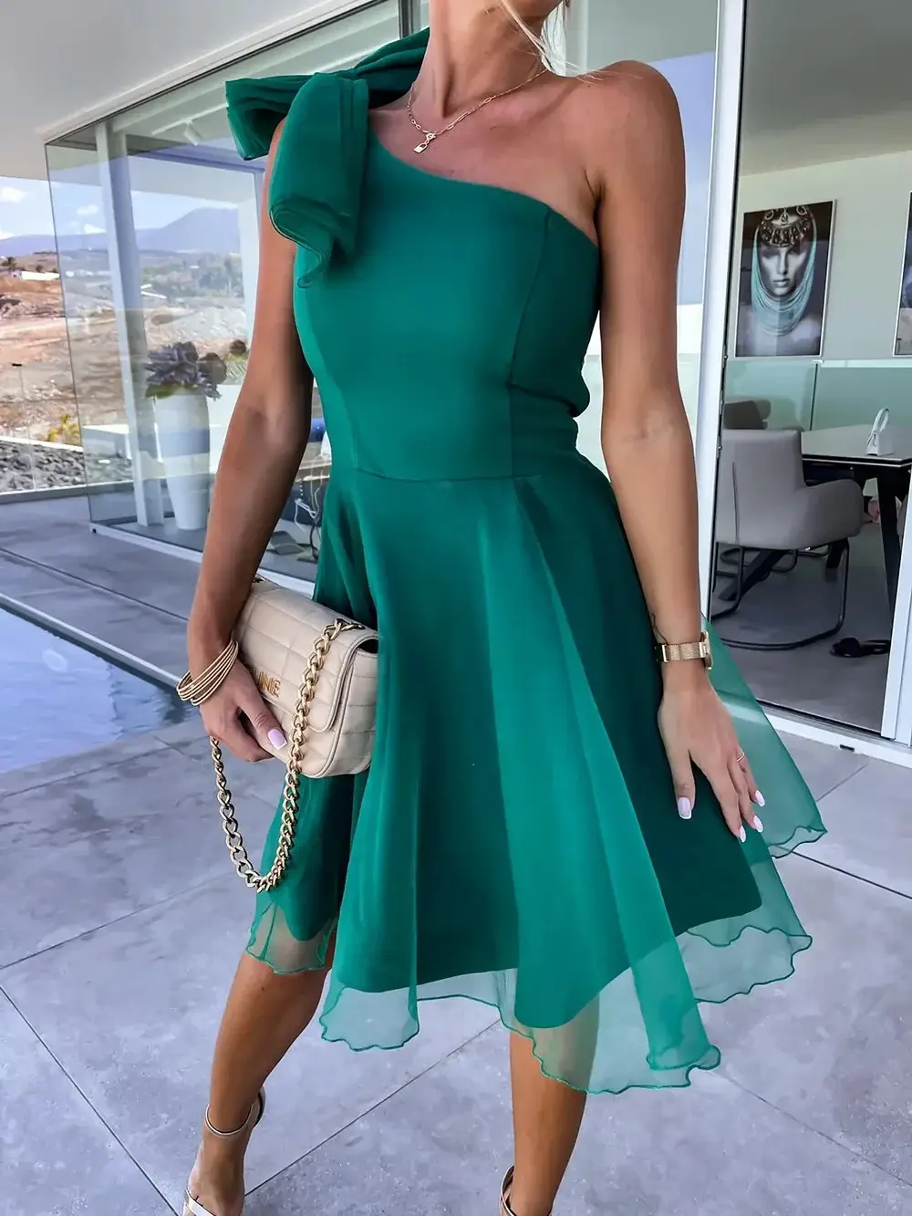 2025 Red One-shoulder Sleeveless Mesh Dress with Large Swing Skirt - Image 16