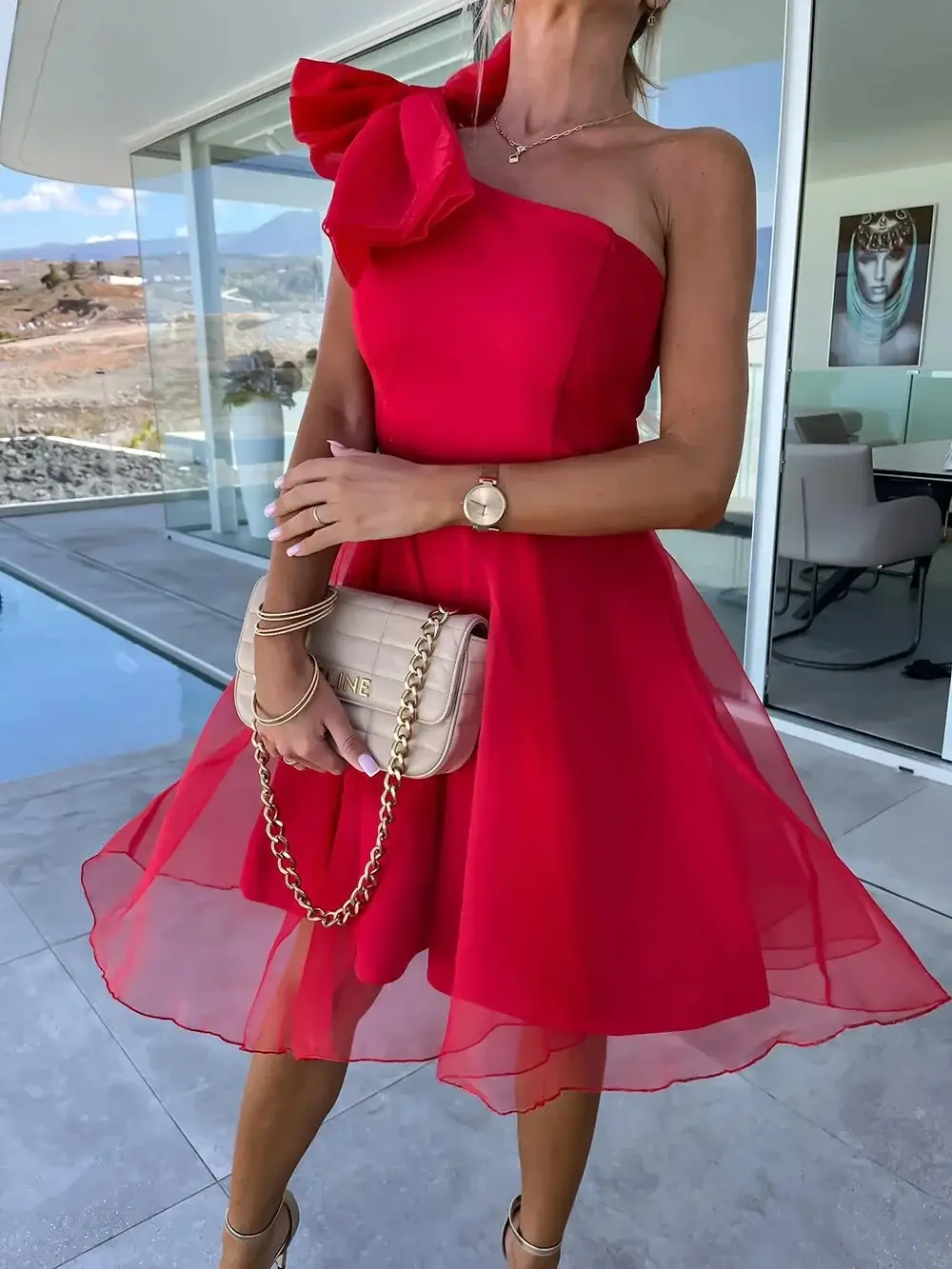 2025 Red One-shoulder Sleeveless Mesh Dress with Large Swing Skirt - Image 5