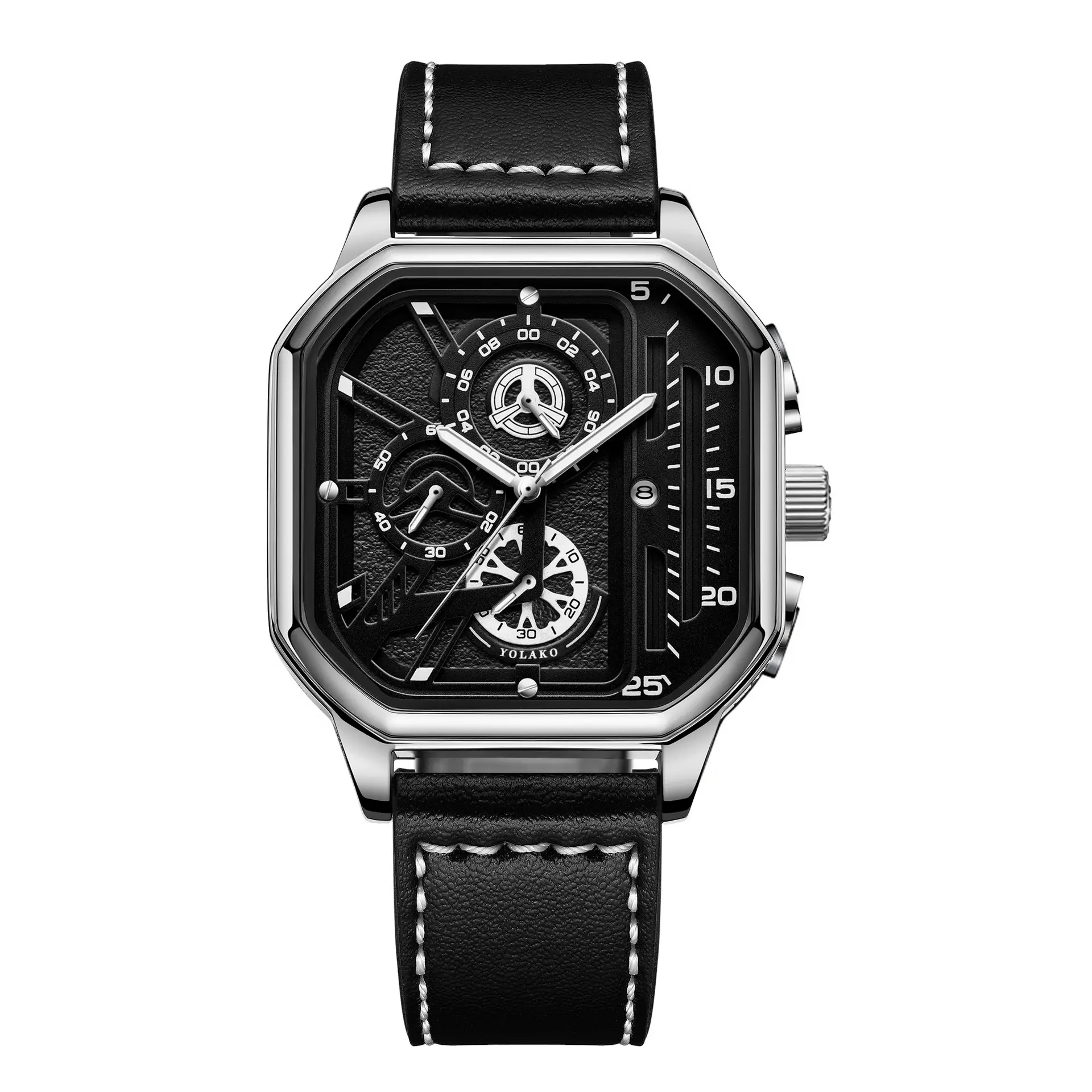 Men's Black Square Chronograph Watch with Leather Strap - Image 4