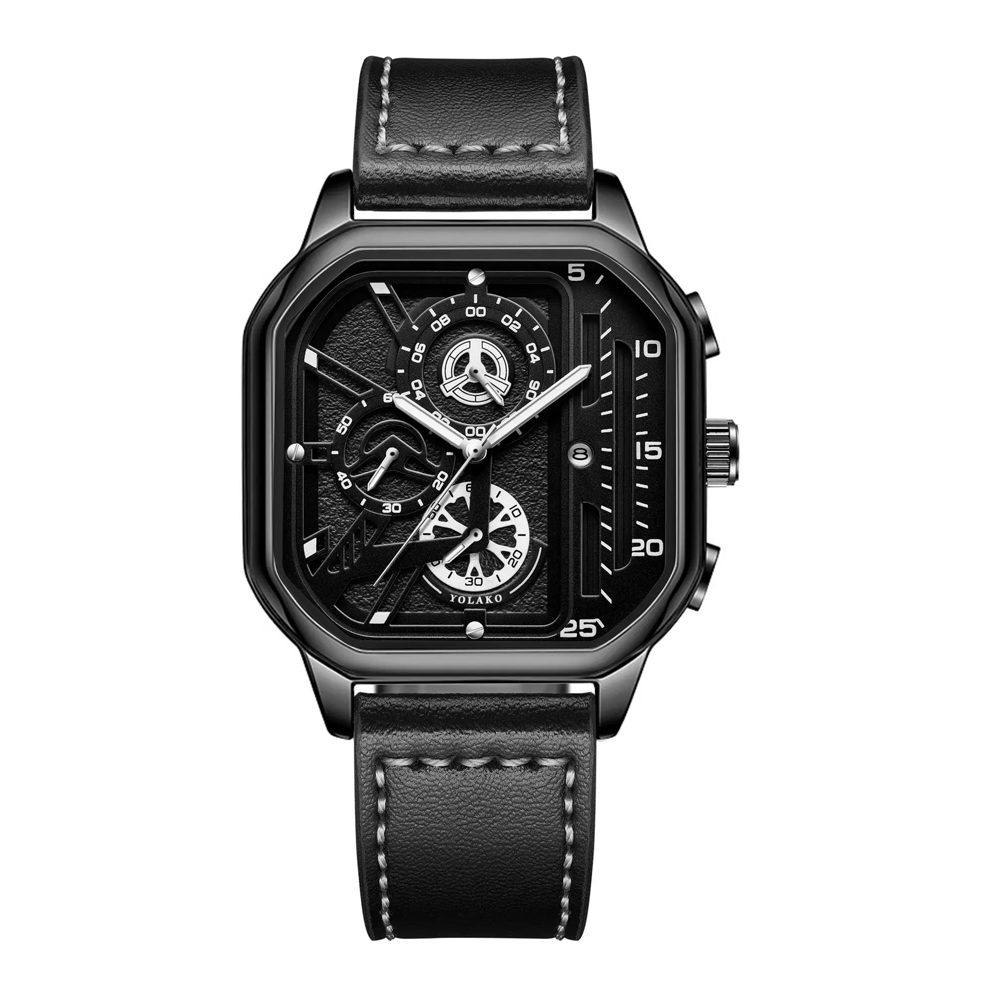 Men's Black Square Chronograph Watch with Leather Strap - Image 2