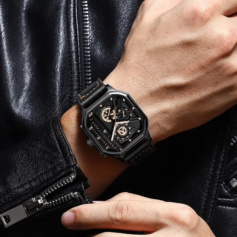 Men's Black Square Chronograph Watch with Leather Strap — feature 1