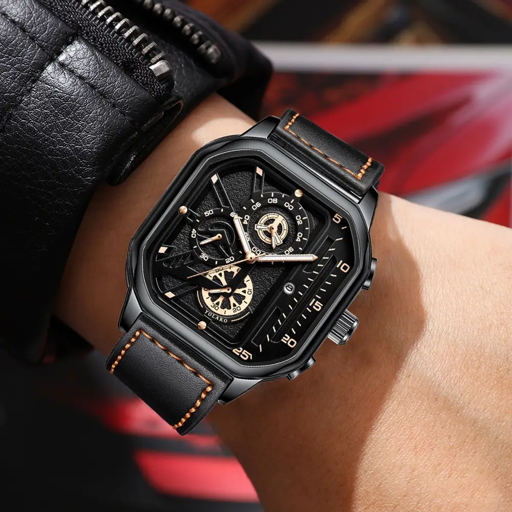 Men's Black Square Chronograph Watch with Leather Strap — feature 7