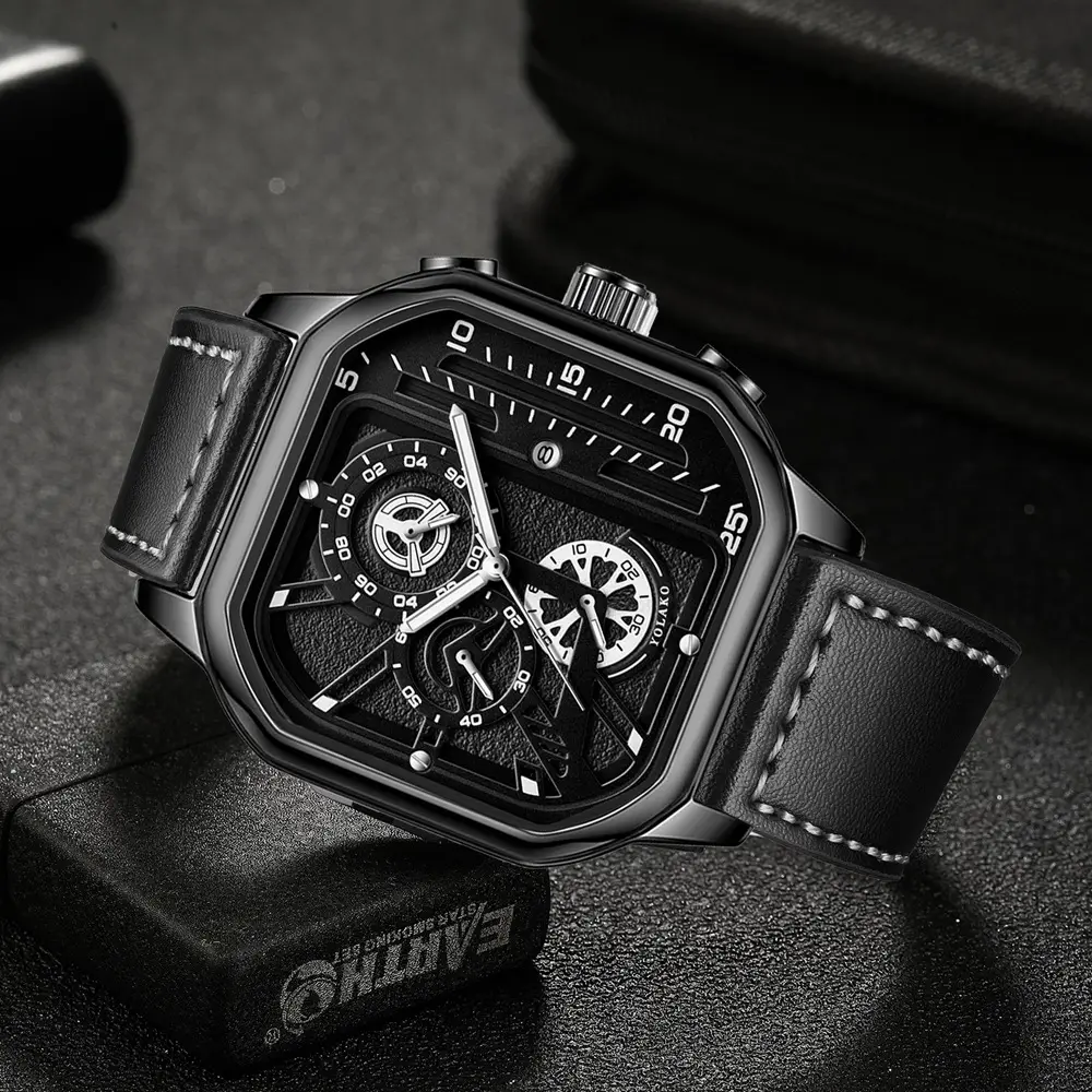 Men's Black Square Chronograph Watch with Leather Strap — feature 8