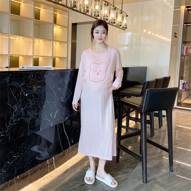 Long Sleeve Nursing Nightdress Modal Pink