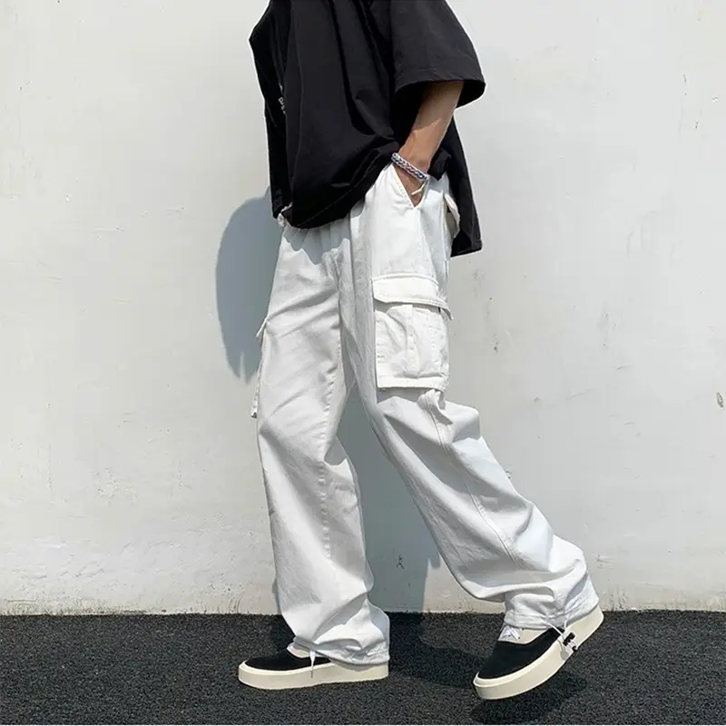 [SHOPEE Explosions] PH Cross-border Men's Cotton White Loose Multi-bag Functional Style Casual Tooling Pants