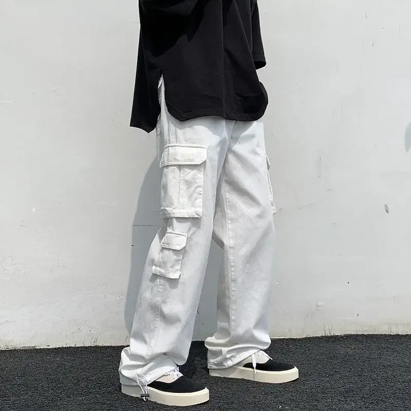 [SHOPEE Explosions] PH Cross-border Men's Cotton White Loose Multi-bag Functional Style Casual Tooling Pants