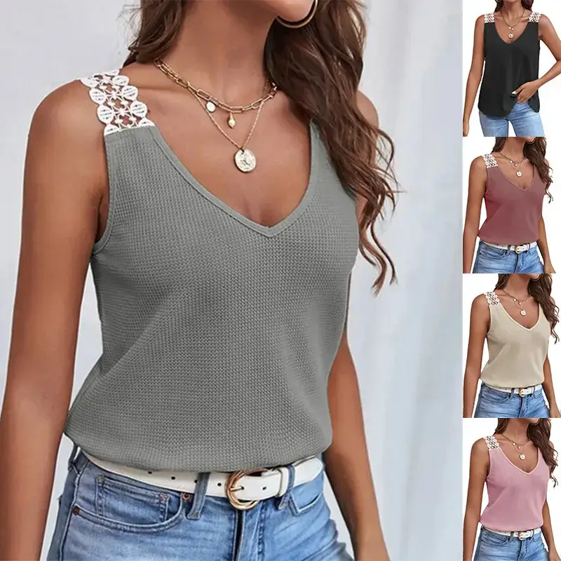 Women's Black Lace V-Neck Vest Top with Waffle Stitching - Image 6