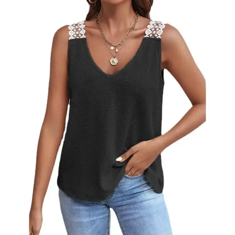 Women's Black Lace V-Neck Vest Top with Waffle Stitching - Image 7