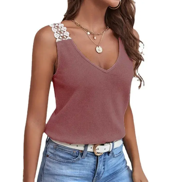 Women's Black Lace V-Neck Vest Top with Waffle Stitching - Image 8
