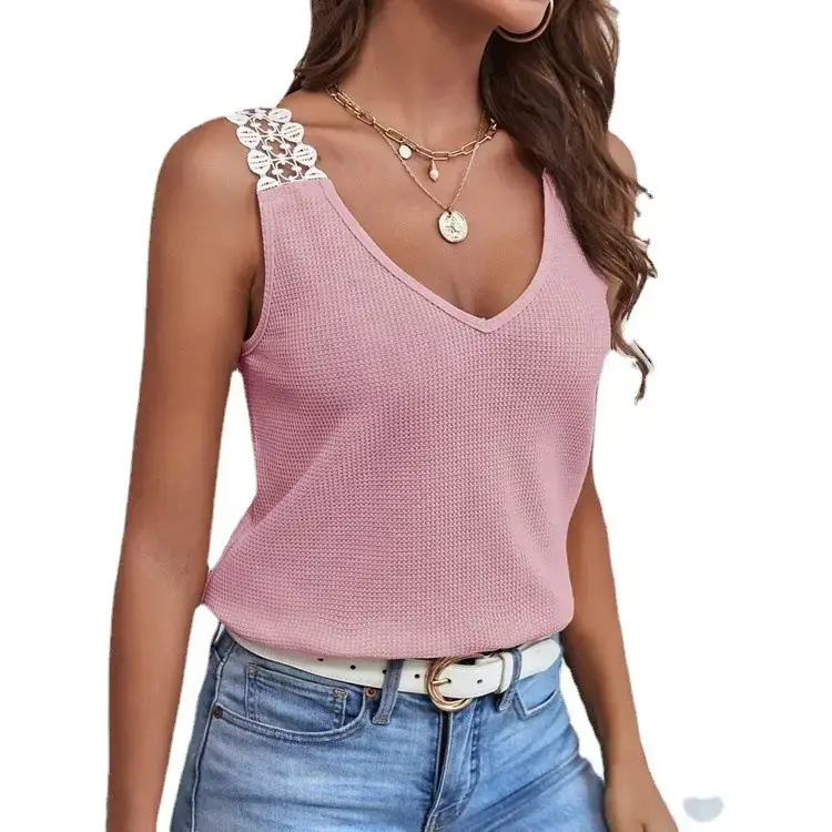 Women's Black Lace V-Neck Vest Top with Waffle Stitching - Image 9