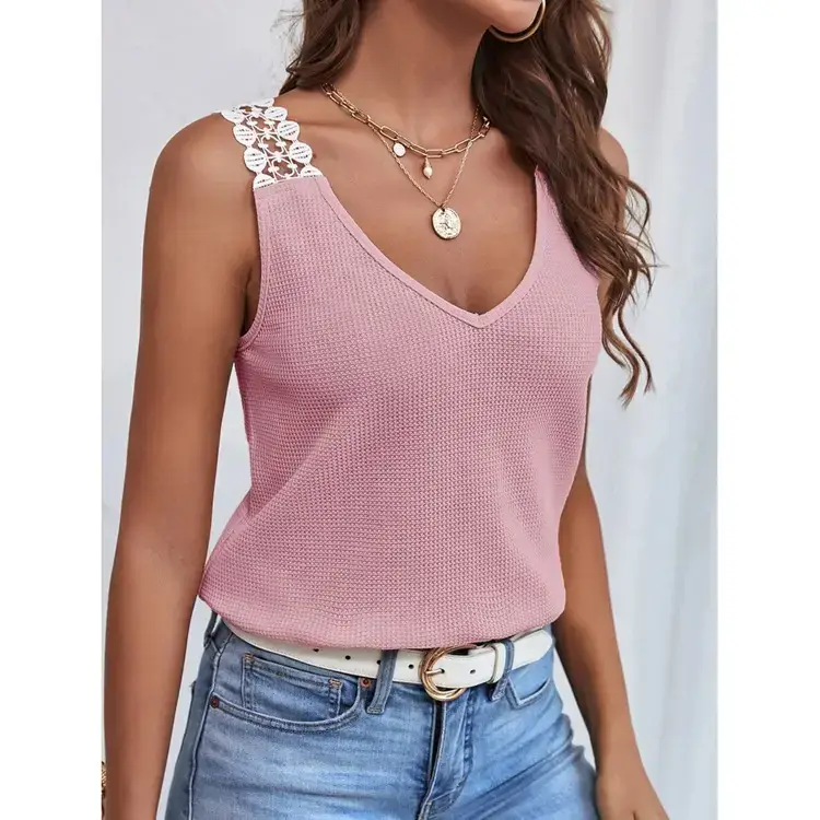 Women's Black Lace V-Neck Vest Top with Waffle Stitching - Image 3