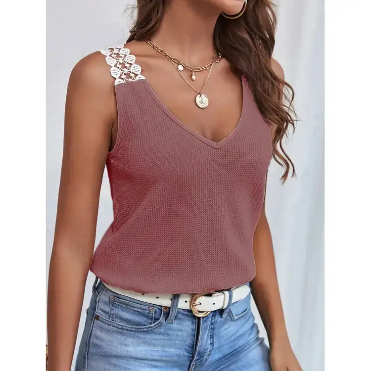 Women's Black Lace V-Neck Vest Top with Waffle Stitching - Image 4