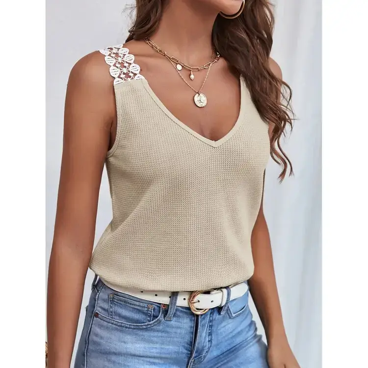 Women's Black Lace V-Neck Vest Top with Waffle Stitching - Image 5