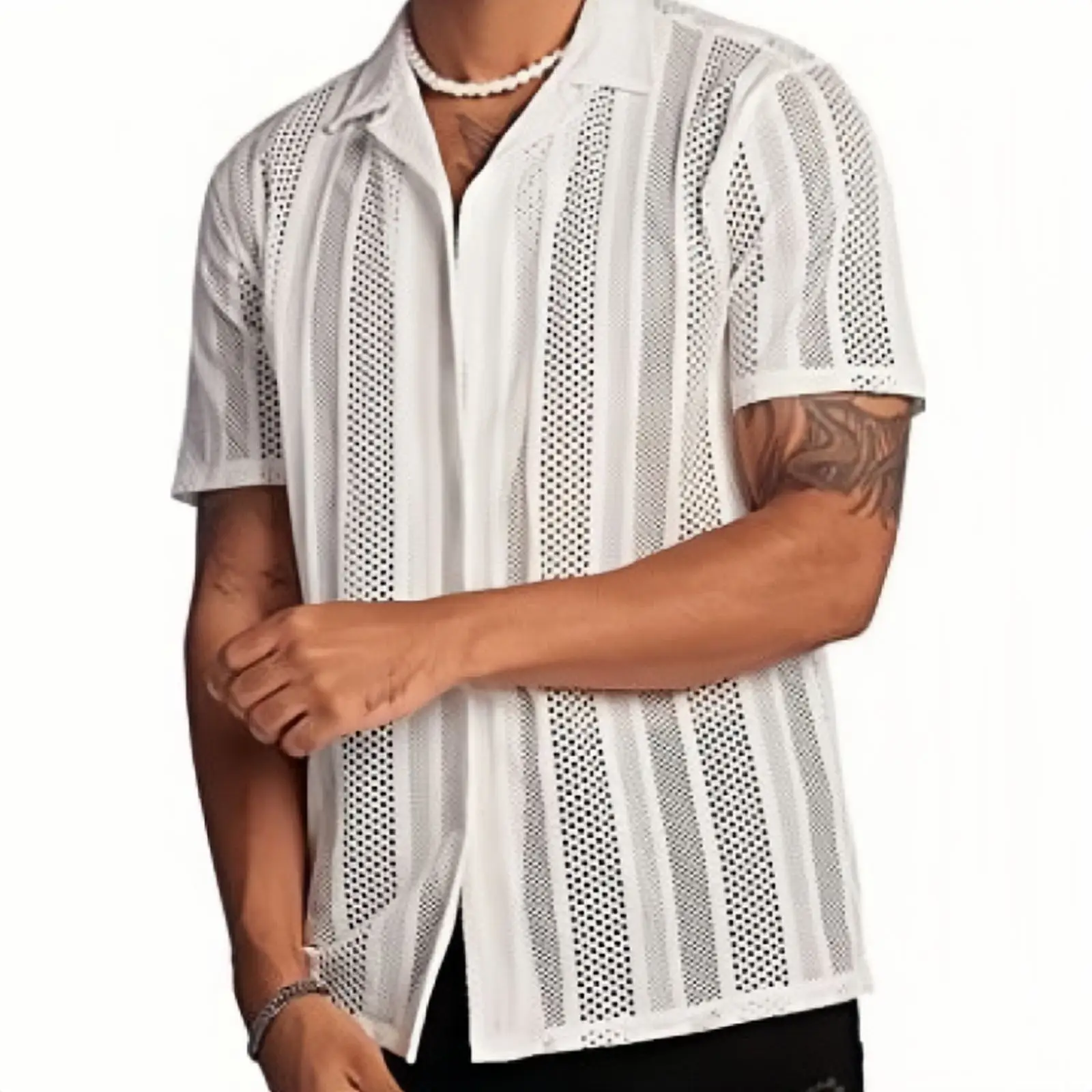 Men Button Knitted Shirts Black Short Sleeve