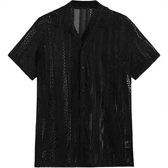 Men Button Knitted Shirts Black Short Sleeve