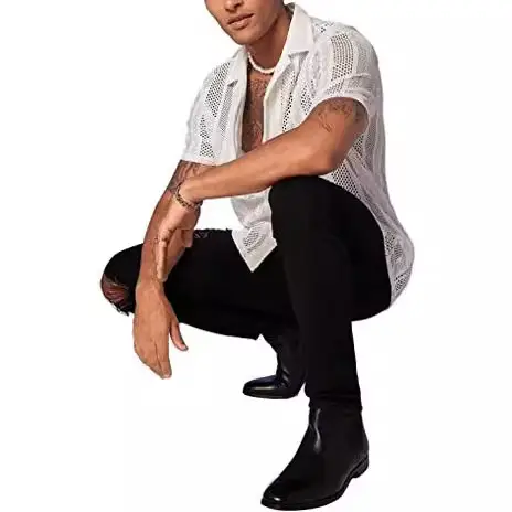 Men Button Knitted Shirts Black Short Sleeve