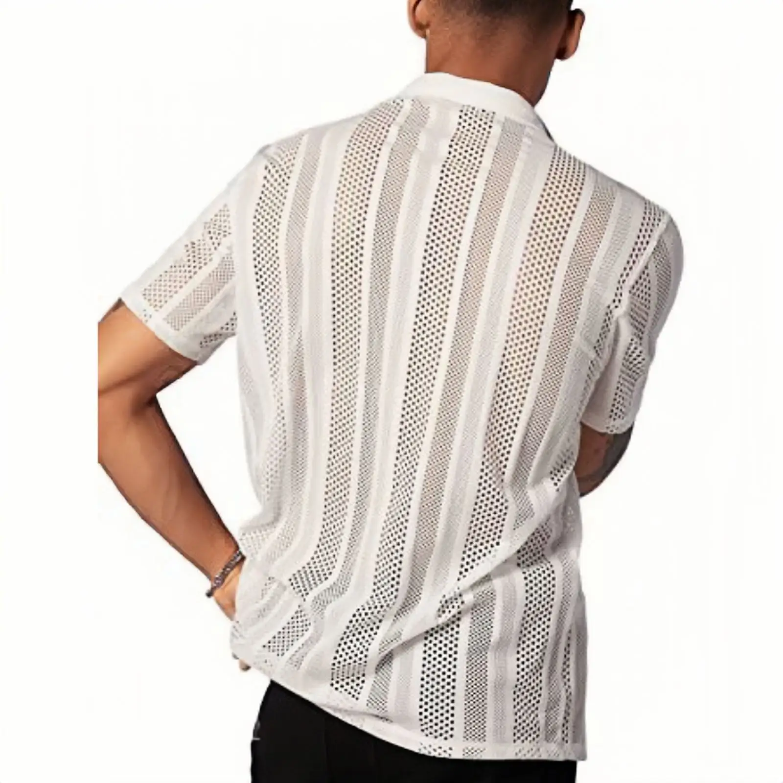 Men Button Knitted Shirts Black Short Sleeve