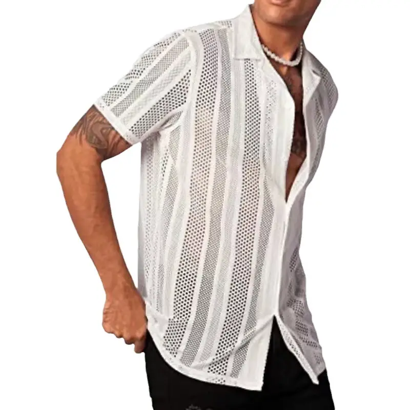 Men Button Knitted Shirts Black Short Sleeve