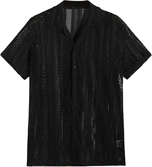 Men Button Knitted Shirts Black Short Sleeve