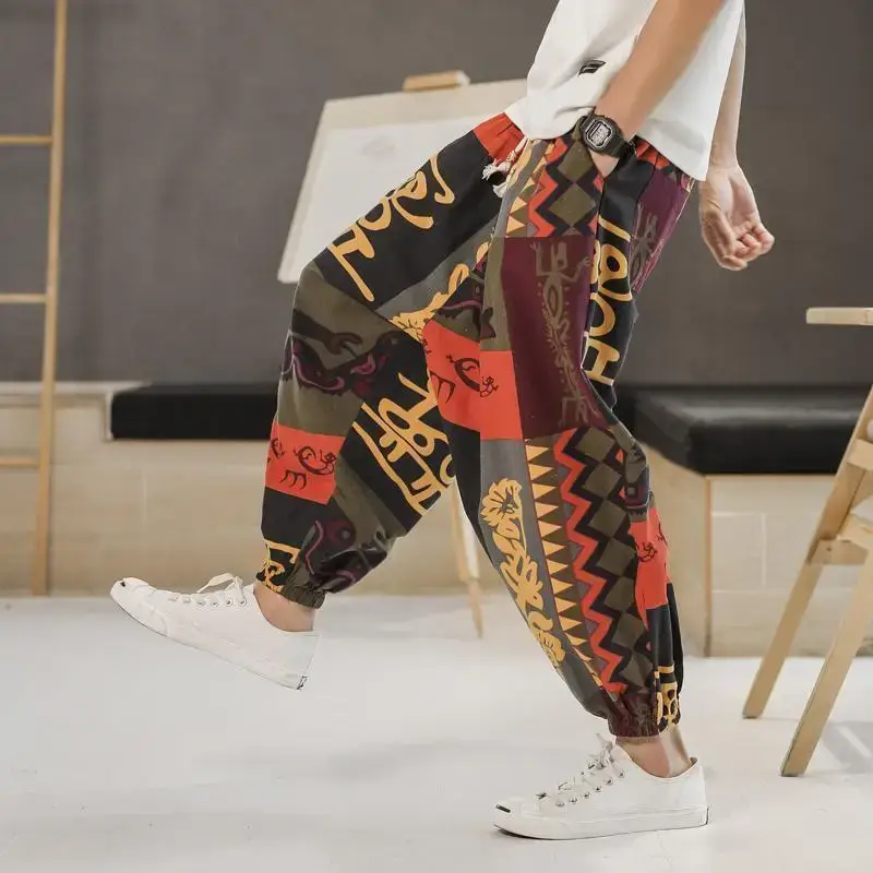 Men's 2023 Cotton Linen Ankle Pants Black White Print - Image 6