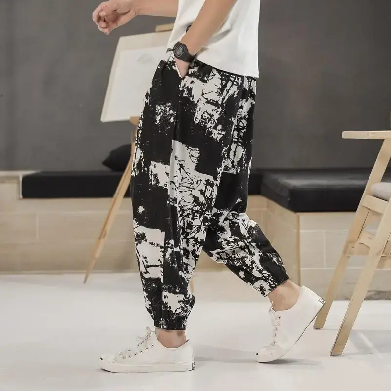 Men's 2023 Cotton Linen Ankle Pants Black White Print - Image 7