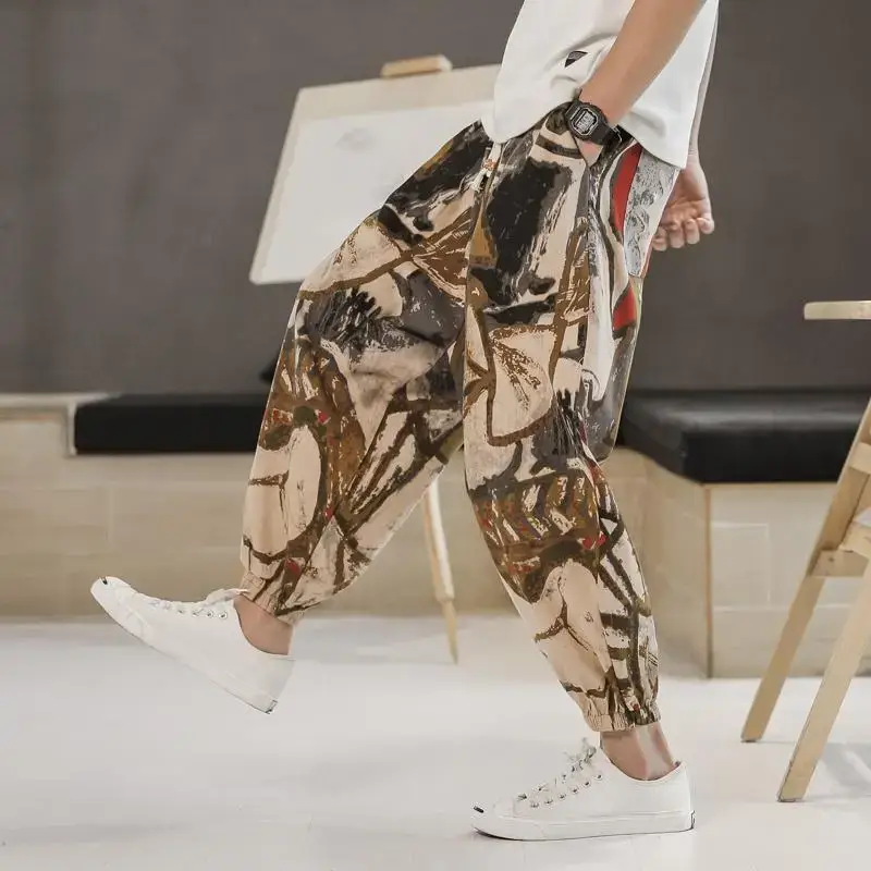 Men's 2023 Cotton Linen Ankle Pants Black White Print - Image 8