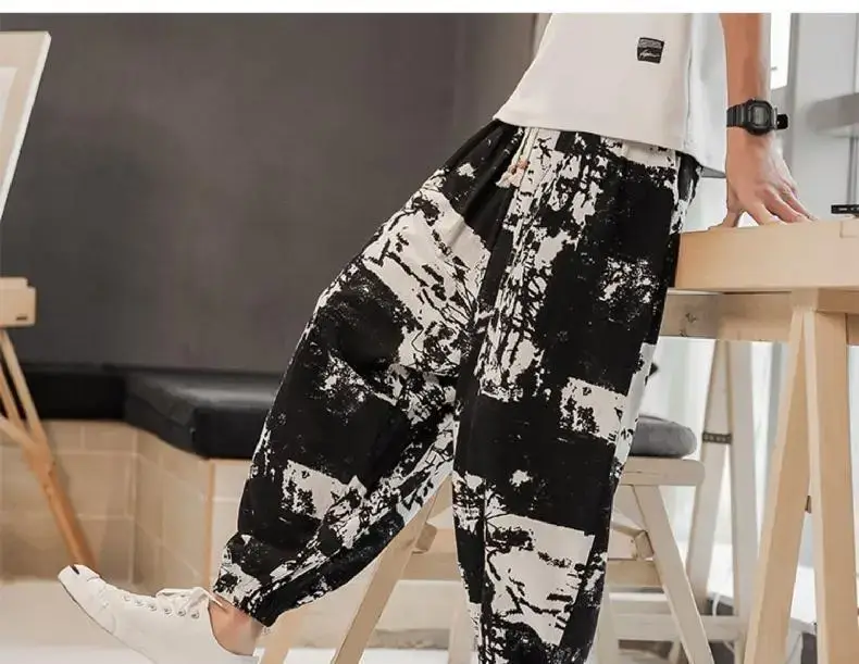 Men's 2023 Cotton Linen Ankle Pants Black White Print — feature 13