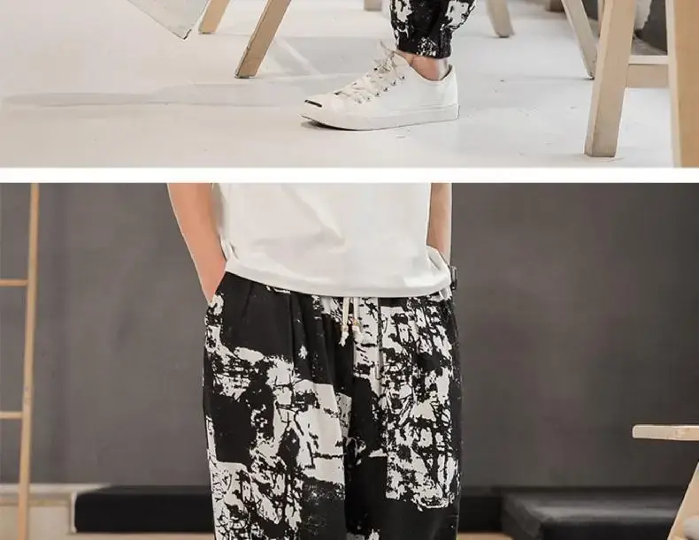 Men's 2023 Cotton Linen Ankle Pants Black White Print — feature 14