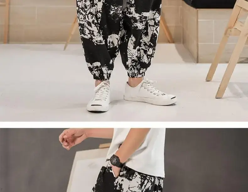 Men's 2023 Cotton Linen Ankle Pants Black White Print — feature 15