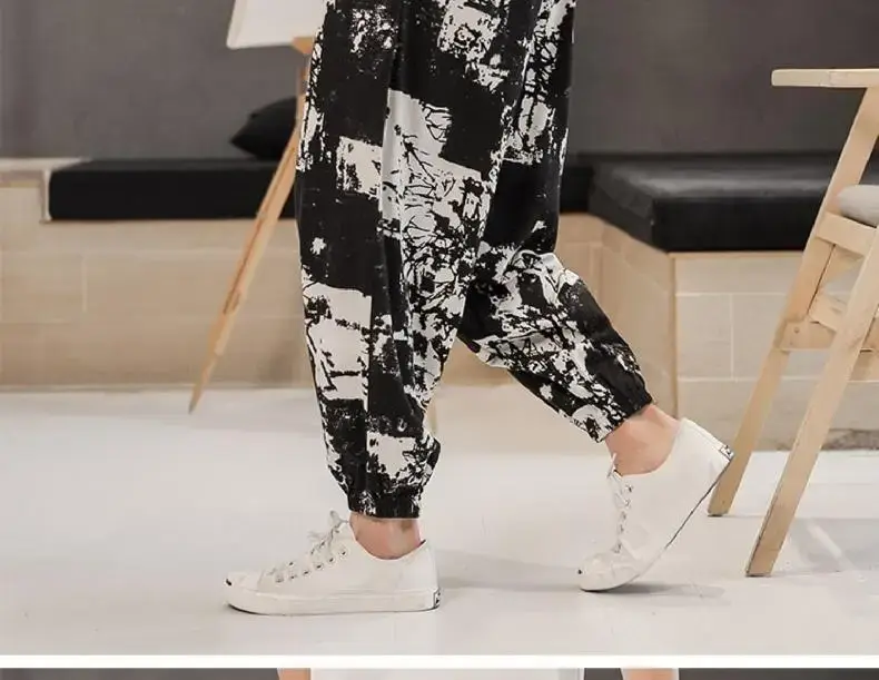 Men's 2023 Cotton Linen Ankle Pants Black White Print — feature 16