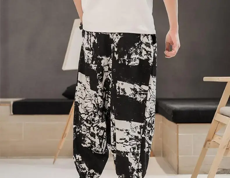 Men's 2023 Cotton Linen Ankle Pants Black White Print — feature 17