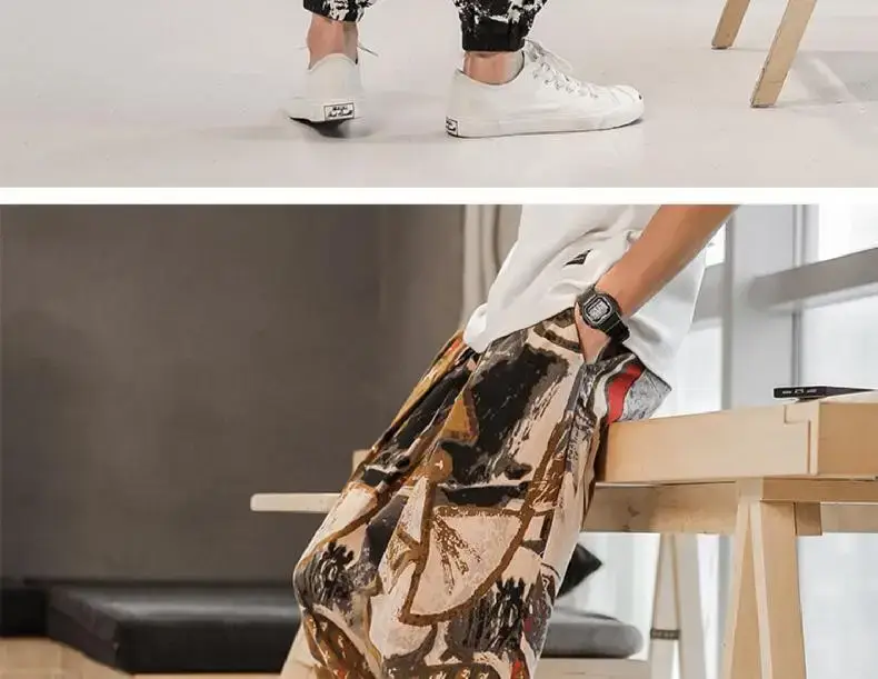 Men's 2023 Cotton Linen Ankle Pants Black White Print — feature 18