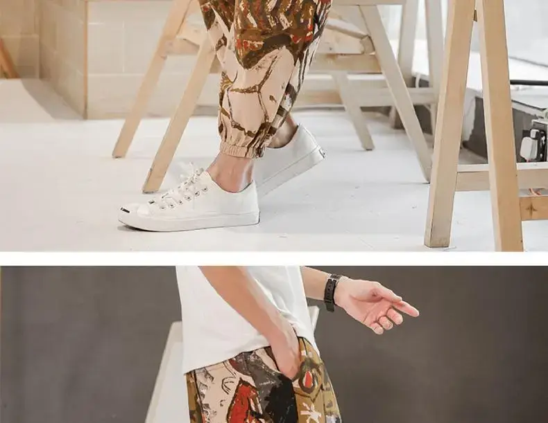 Men's 2023 Cotton Linen Ankle Pants Black White Print — feature 19