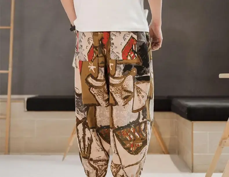 Men's 2023 Cotton Linen Ankle Pants Black White Print — feature 21