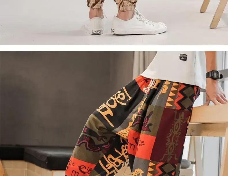 Men's 2023 Cotton Linen Ankle Pants Black White Print — feature 22