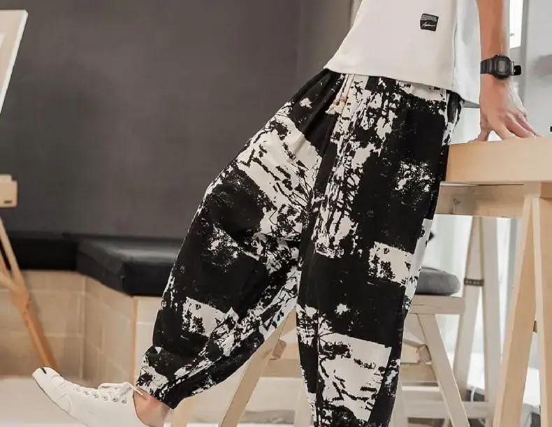 Men's 2023 Cotton Linen Ankle Pants Black White Print — feature 4