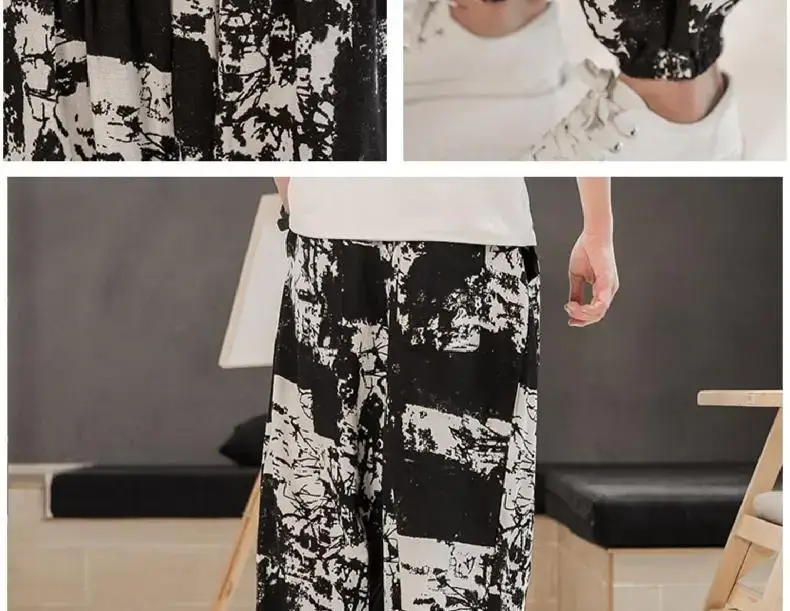 Men's 2023 Cotton Linen Ankle Pants Black White Print — feature 7