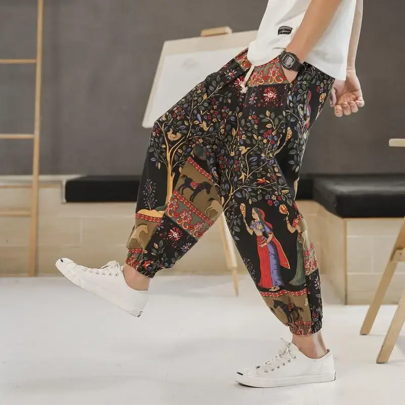 Men's 2023 Cotton Linen Ankle Pants Black White Print - Image 2