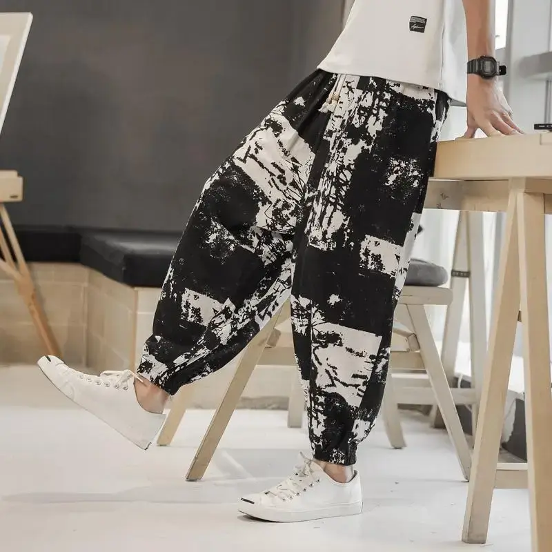 Men's 2023 Cotton Linen Ankle Pants Black White Print - Image 3