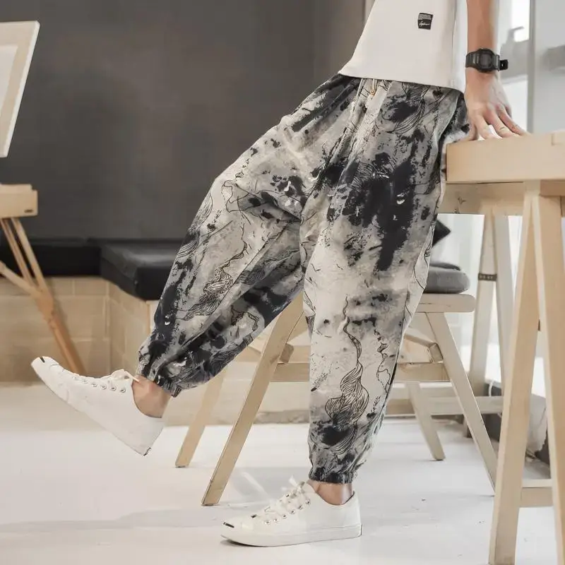 Men's 2023 Cotton Linen Ankle Pants Black White Print - Image 4